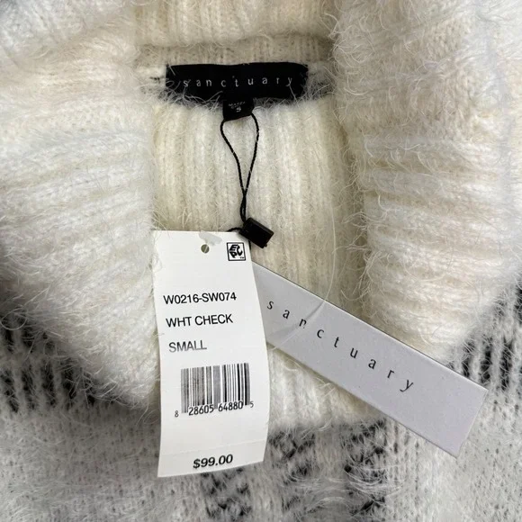 NWT Sanctuary White Check‎ Plaid Fuzzy Knit Turtleneck Sweater Womens Small - Picture 7 of 9